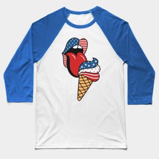 The Taste of Freedom - Retro American Flag Lips and Patriotic Ice Cream Baseball T-Shirt